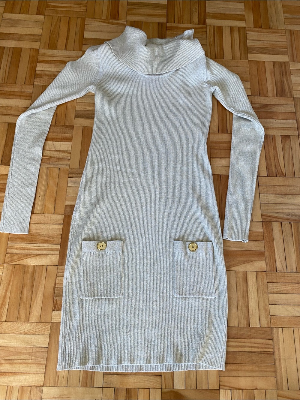 Cream Ribbed Turtleneck Sweater Dress